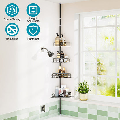 Rust-Resistant Corner Shower Caddy For Bathroom 4 Height Adjustable Shelves With Tension Pole Towel Bar Hanging Hook Floor Standing Bath Storage Rack