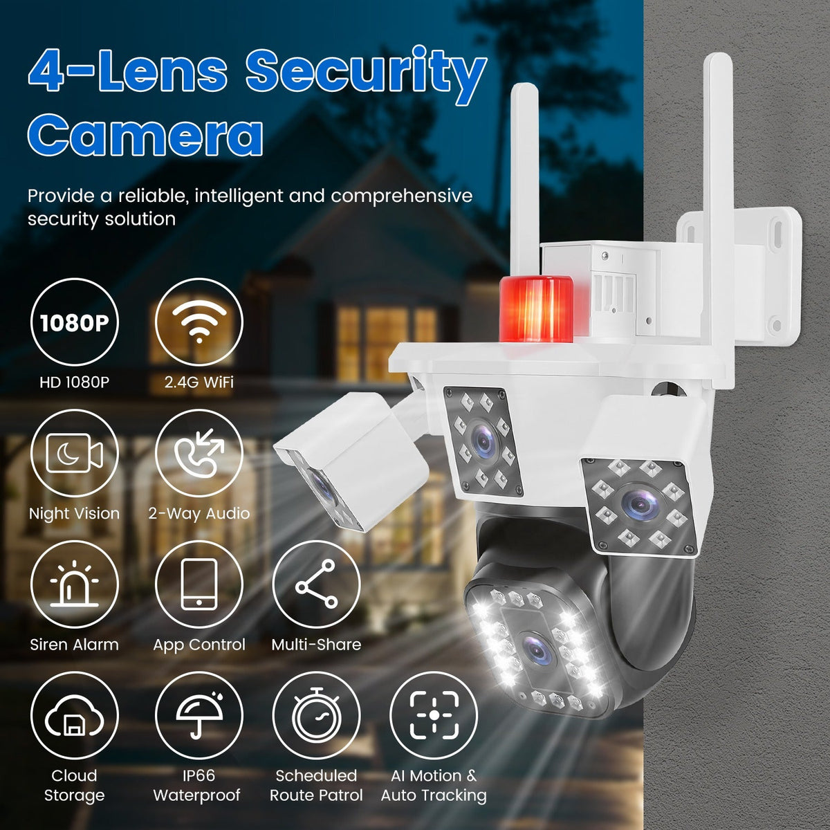 1080P HD 4-Lens Security Camera 360° View WiFi Pan & Tilt Surveillance Camera With Full Color Night Vision Auto Motion Tracking 2-Way Audio Spotlights