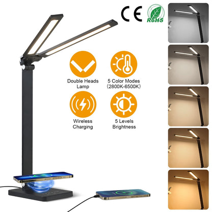 Double Head Desk Lamp with Wireless Charging USB Charging Port 5 Color 5 Brightness Eye-Caring Flexible Reading Lamp Foldable Time Setting Table Worki