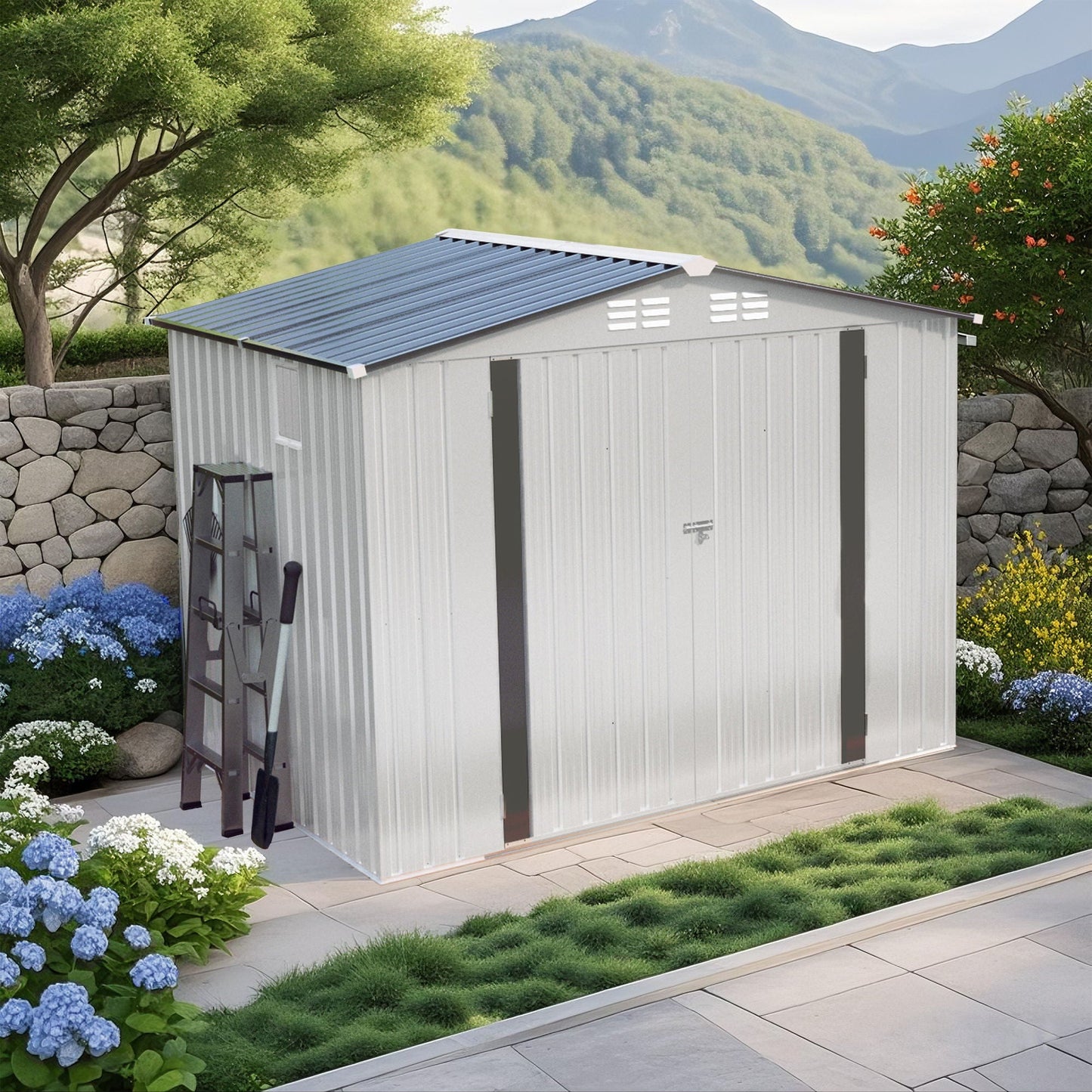 Outdoor Garden Storage Shed, Tool Shed With Pitched Roof Waterproof With 1 Window And 2 Lockable Door - White / Gray