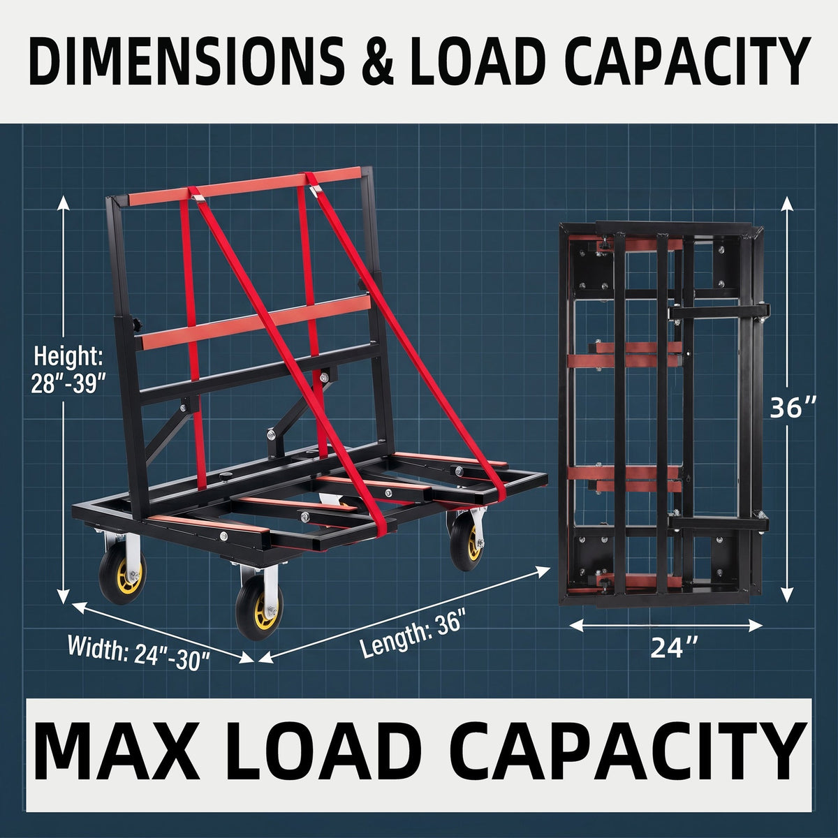 Folding Drywall Dolly with 4X6" Casters and 2000 LBS Load Capacity