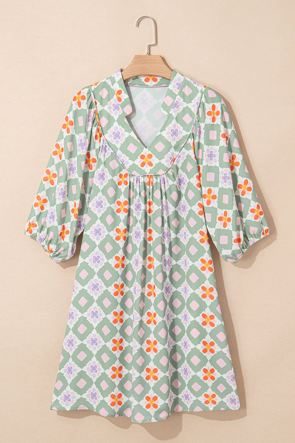 Reagan Floral Print 3/4 Sleeve Notched Neck Mini Dress