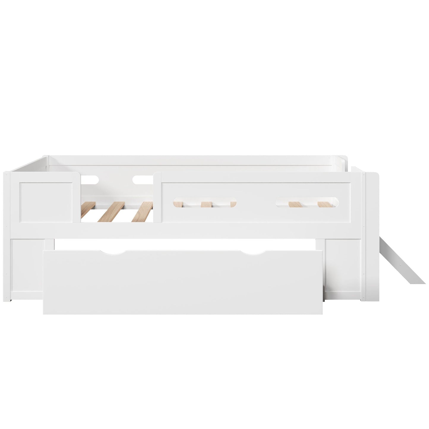 Platform Bed With Guardrail And Drawer
