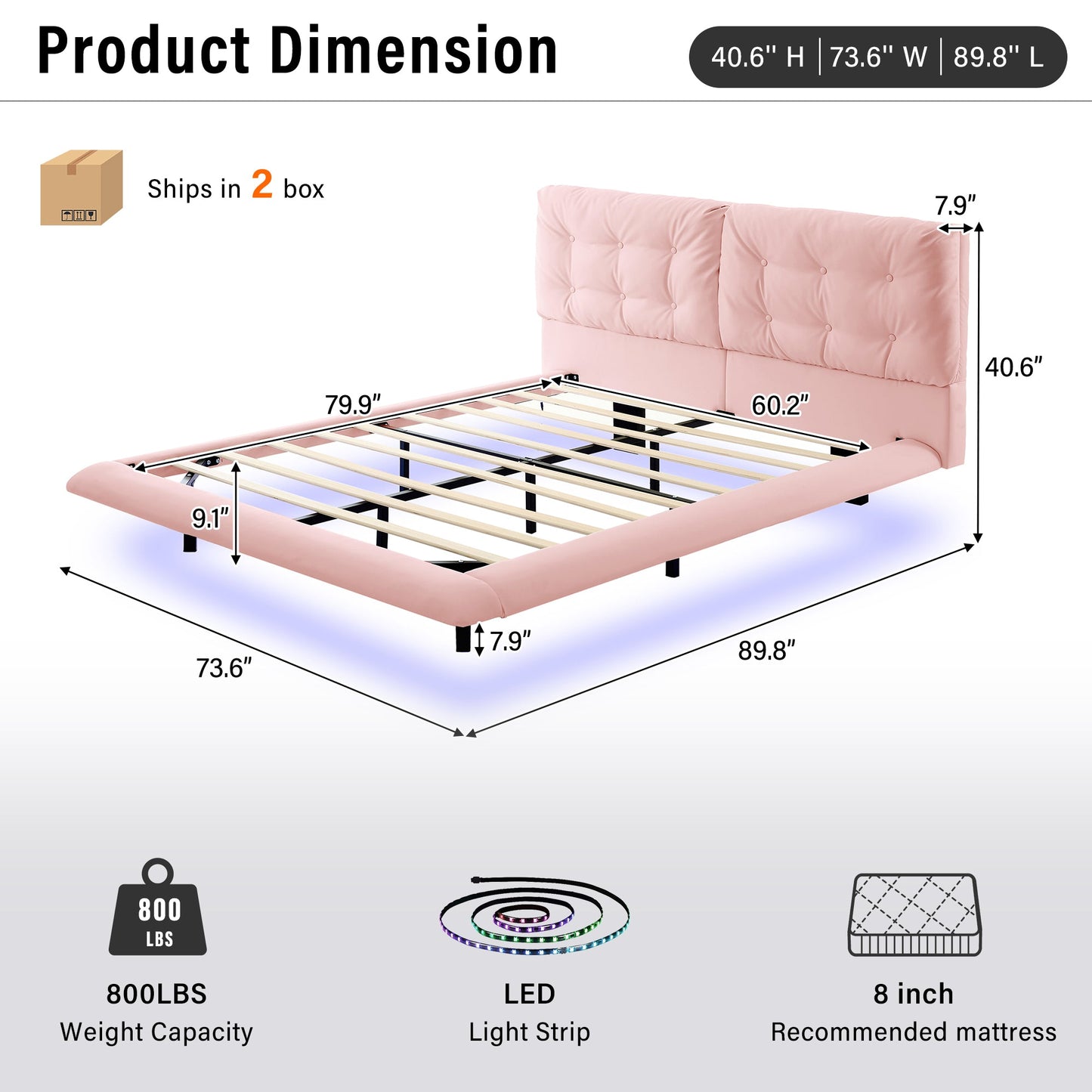 Queen Size Upholstered Floating Bed Frame with LED Lights
