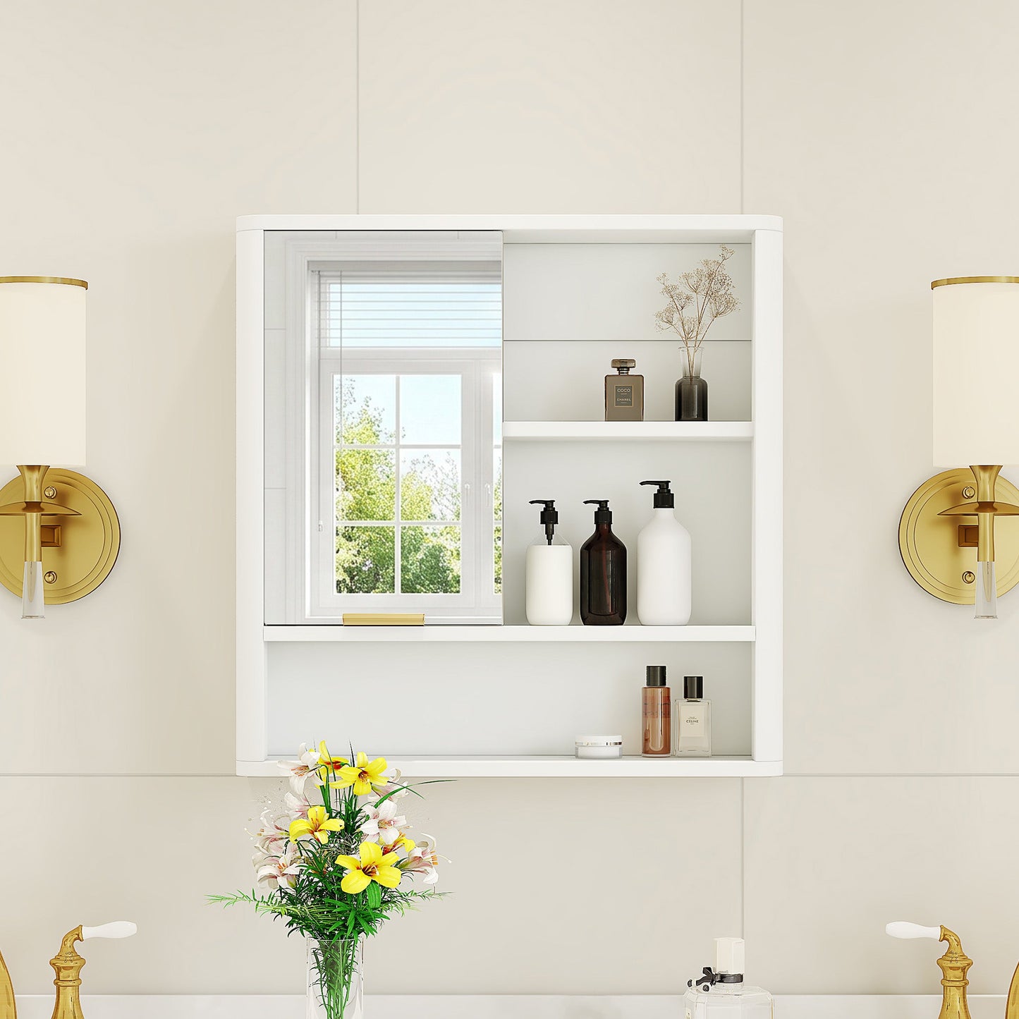 Modern Bathroom Mirror Cabinet with Open Shelves