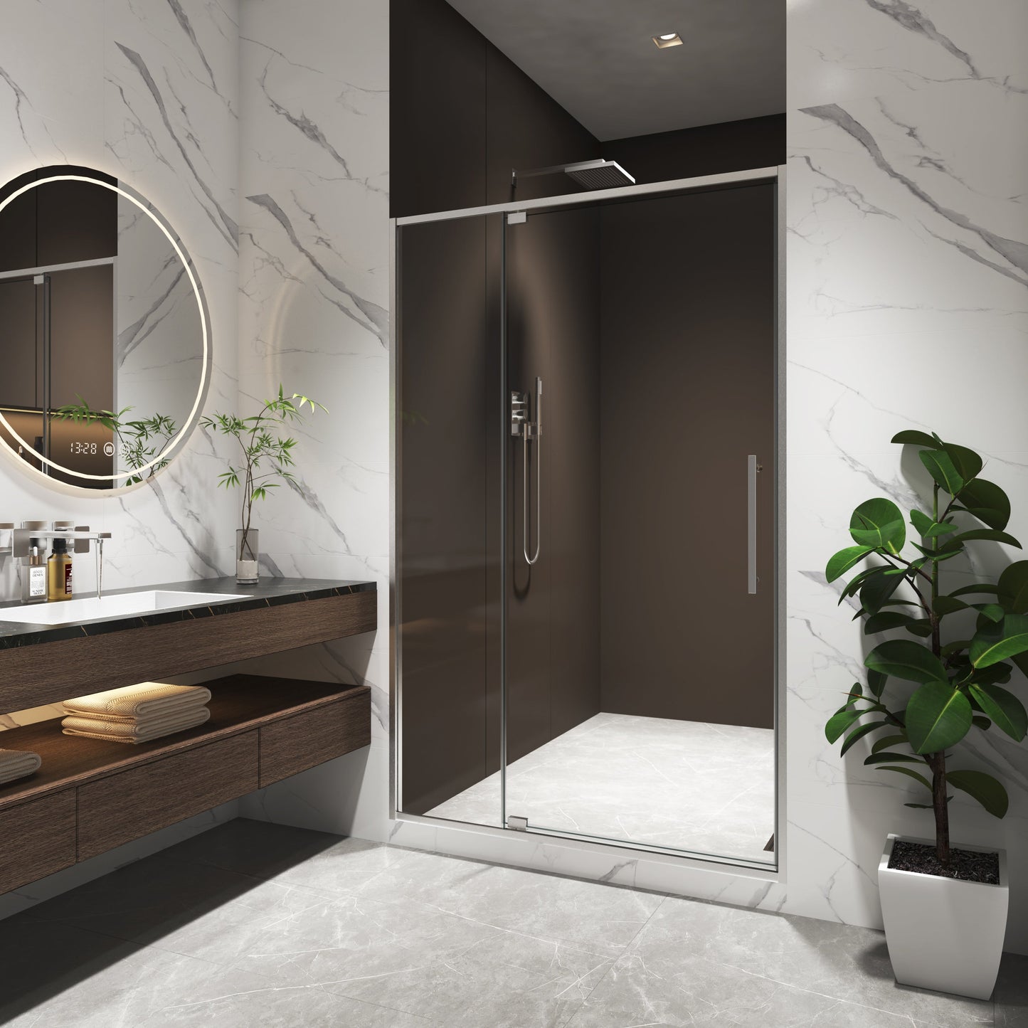 44-48"W x 74"H Pivot Shower Door with Brushed Nickel Finish