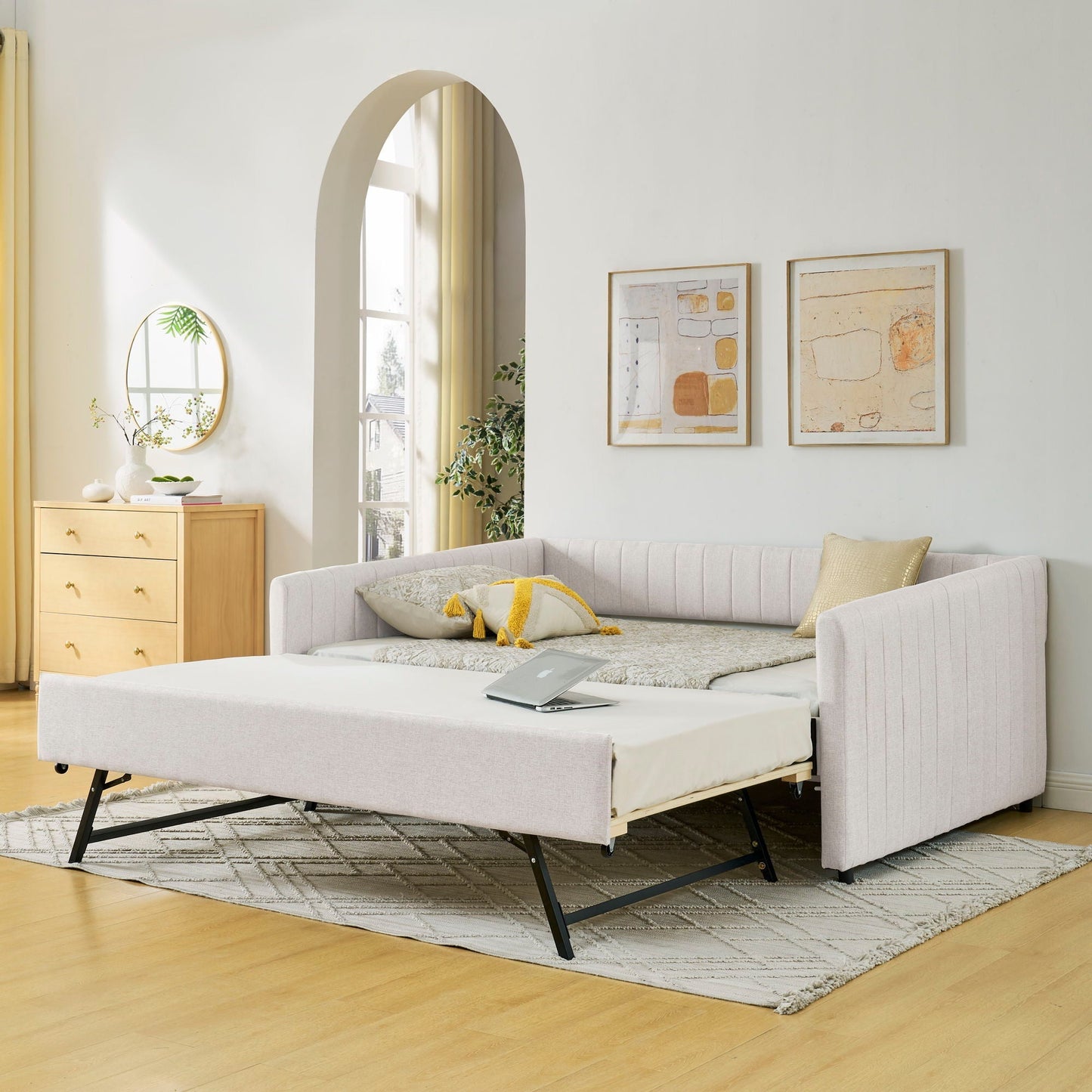 Upholstered Daybed With Trundle With Vertical Stripes