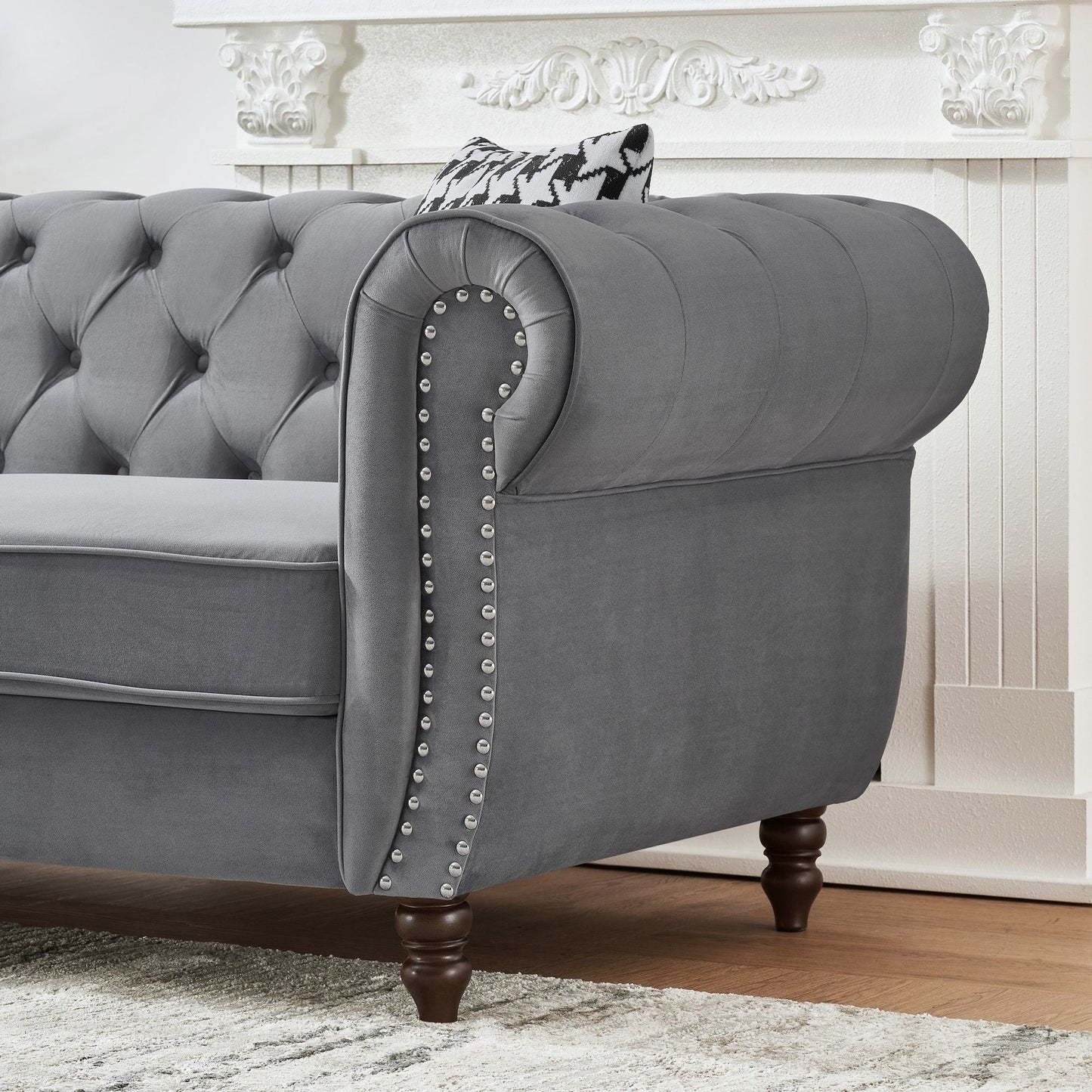 Chesterfield Upholstery Fabric Sofa With Roll Armrest & Nailhead, Mid Century Modern 3 And 3 Seater Couch