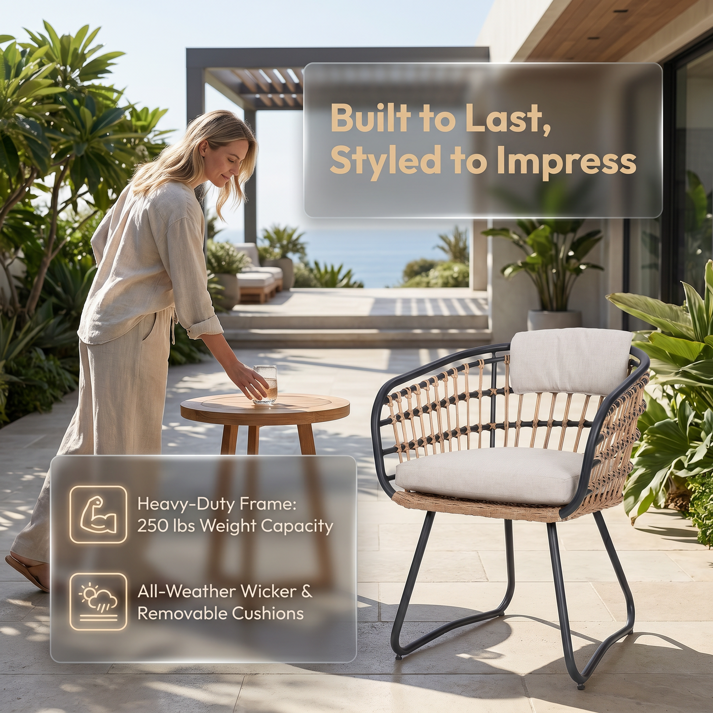 Outdoor Wicker Dining Chairs Set of 2 with Cushions