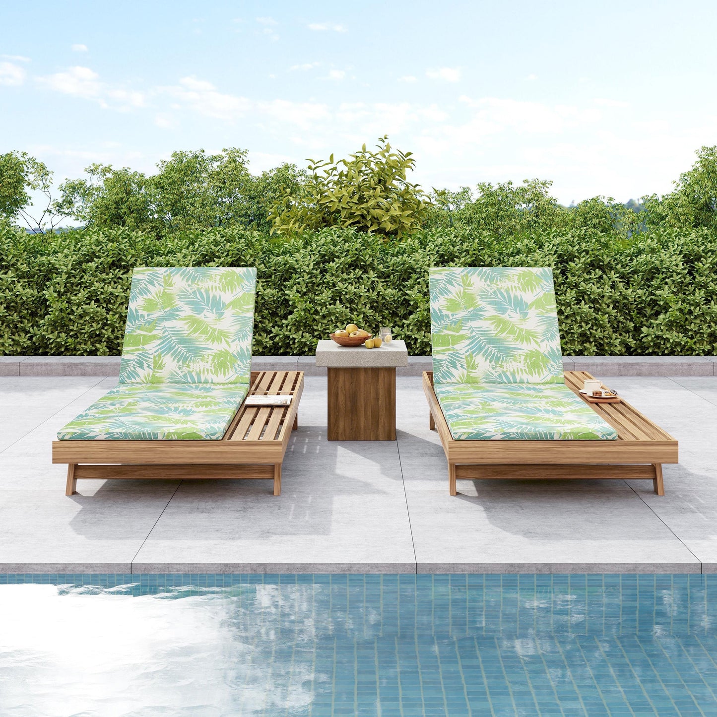 Lounge Chaise Set, Space Available On One Side, Acacia Wood In light brown With Water-Resistant Lounge Cushions (Leaf Coconut & 2 Inch Thick) – Matching Cream/Dark Grey Version Available