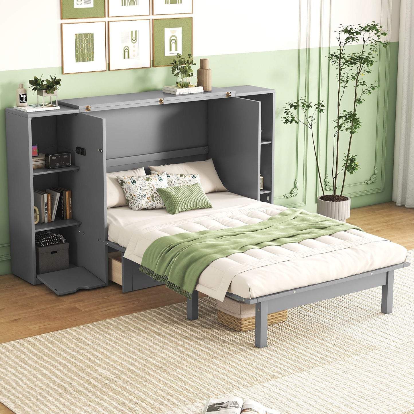 Murphy Bed With Shelves, Drawers And USB Ports