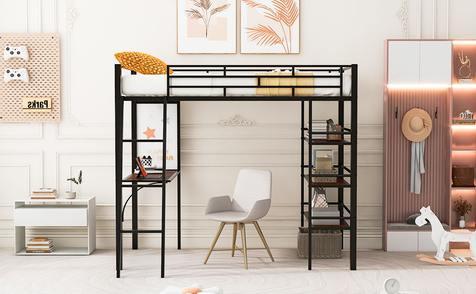 Loft Metal Bed With 3 Layers Of Shelves And Desk, Stylish Metal Frame Bed With board