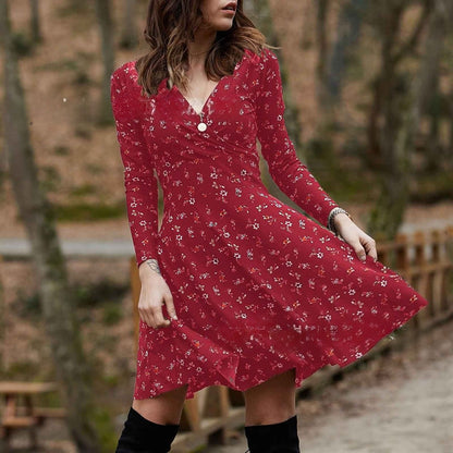 Retro Floral Print V-Neck Long Sleeve Dress