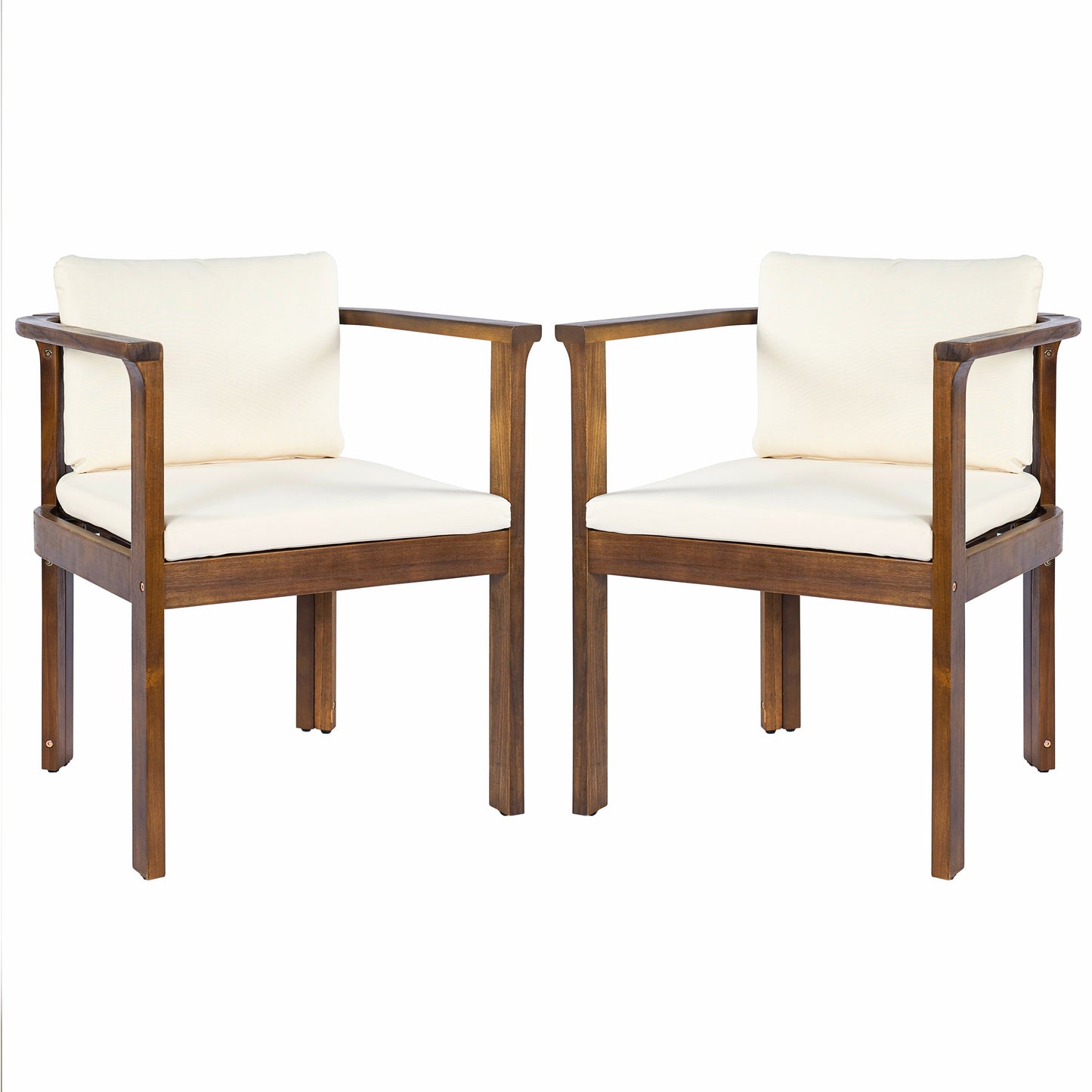 Outdoor Dining Chair Set of 2 with Curved Acacia Wood Arms, Brown Finish and Cream Cushions
