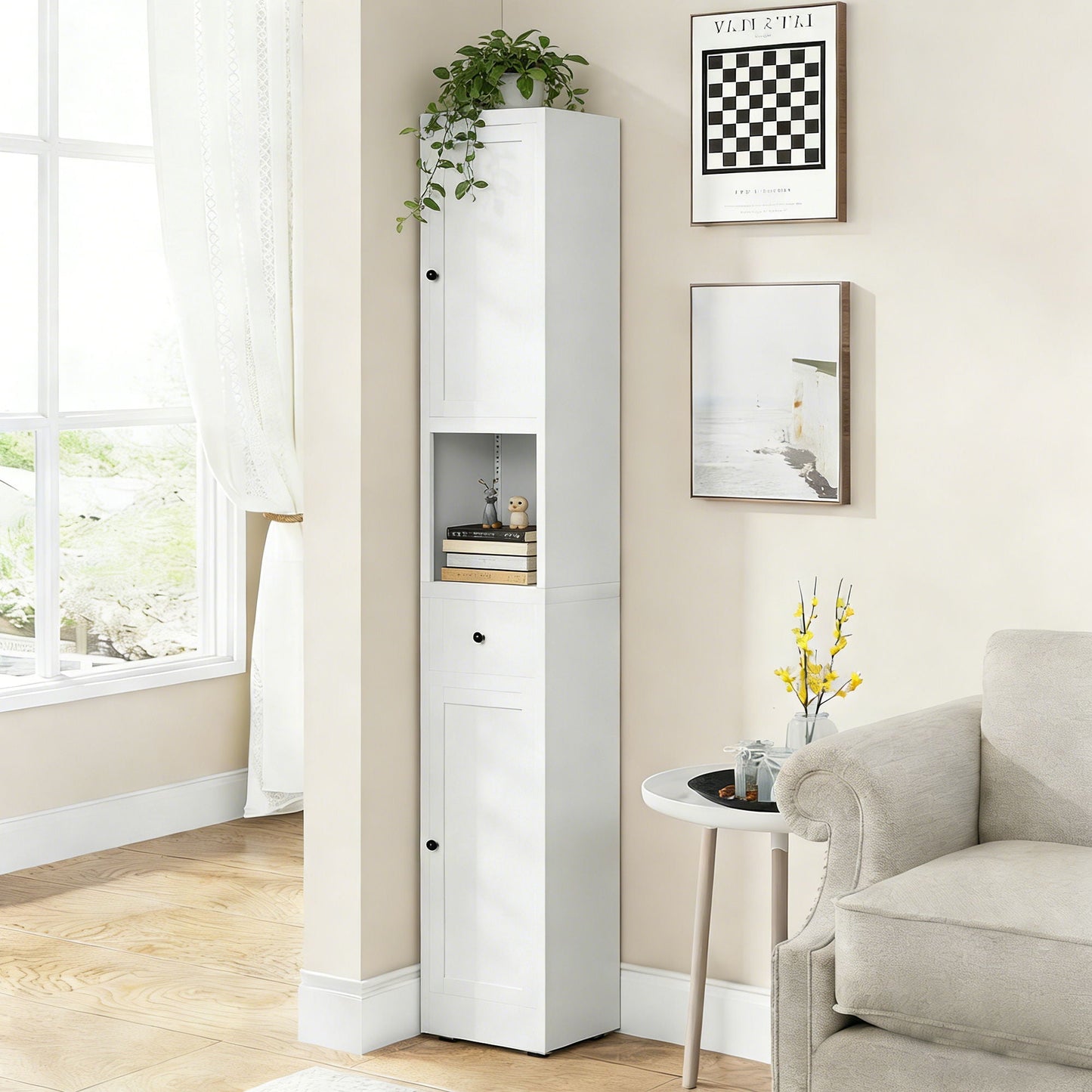 Tall Bathroom Storage Cabinet, 5-Tier Narrow With 2 Doors & Adjustable Shelves, Freestanding - White