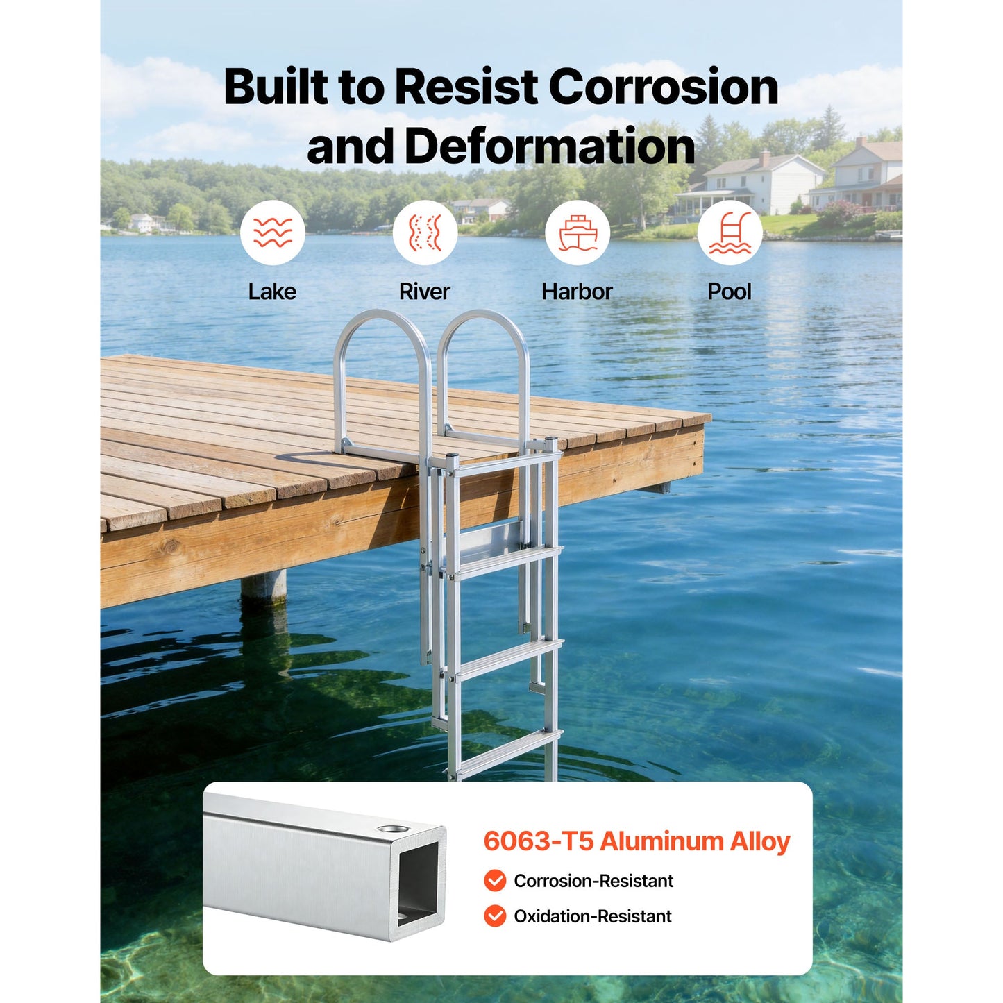 Retractable Dock Ladder, 5 Steps, Aluminum Alloy with Auto-Lift Float