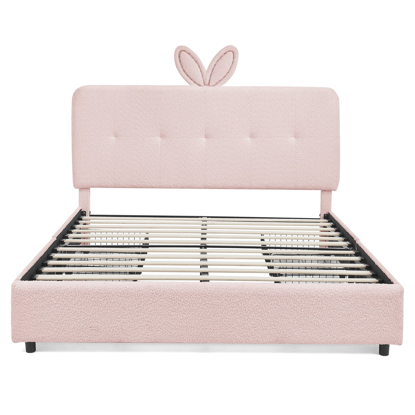 Queen Size Kids Upholstered Bed with Rabbit Ear Headboard & Storage