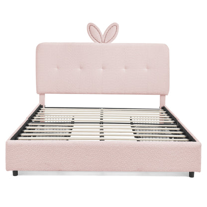 Queen Size Kids Upholstered Bed with Rabbit Ear Headboard & Storage