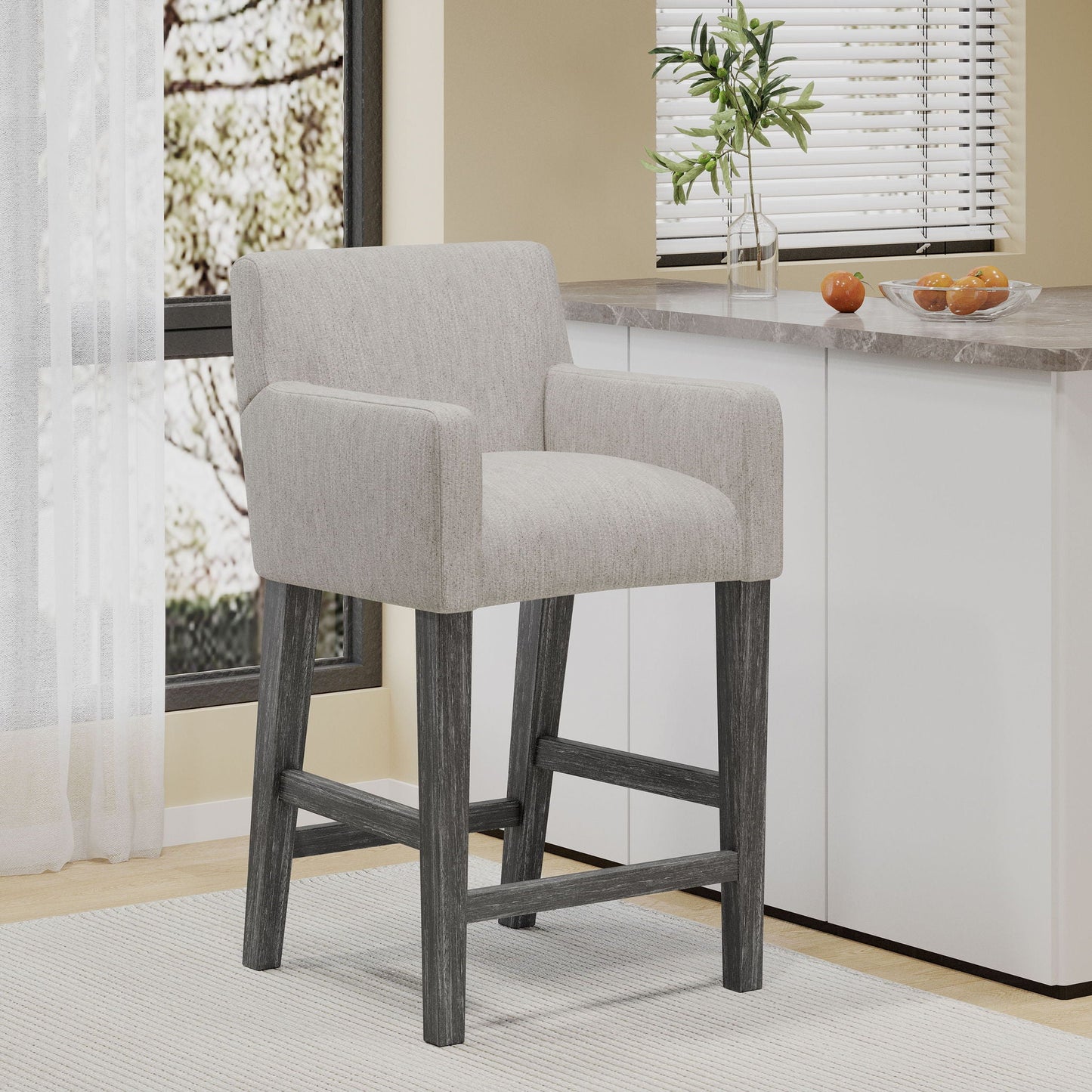 Charmed Upholstered Counter Stool with H-Frame Base and Round Arms