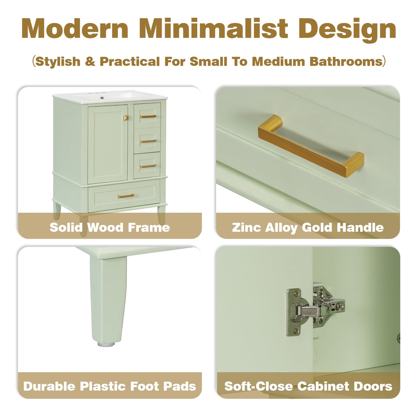 24.8" Bathroom Vanity with Ceramic Sink, Modern Freestanding Cabinet