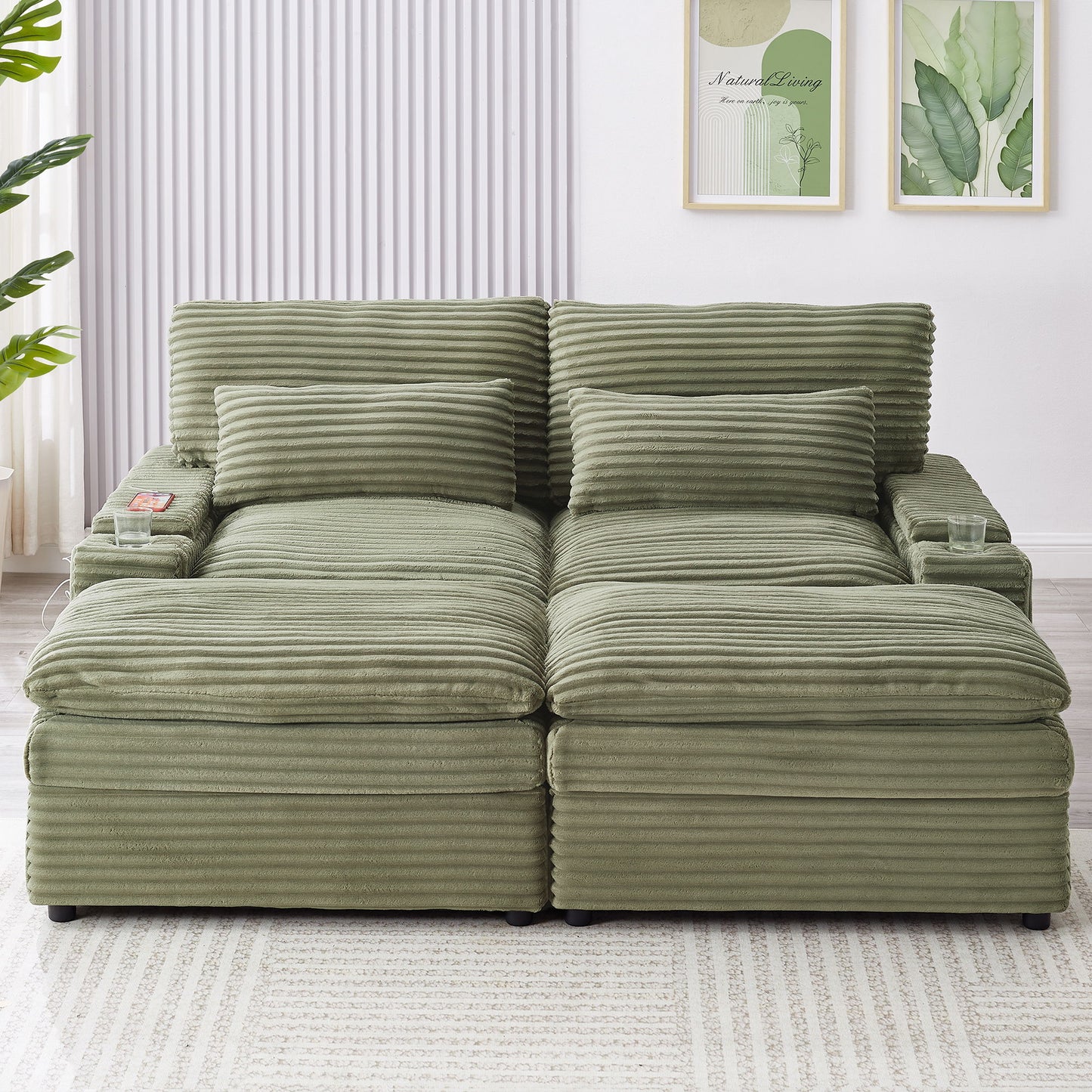 Convertible Loveseat Sofa With Storage, USB Ports, Cup Holders