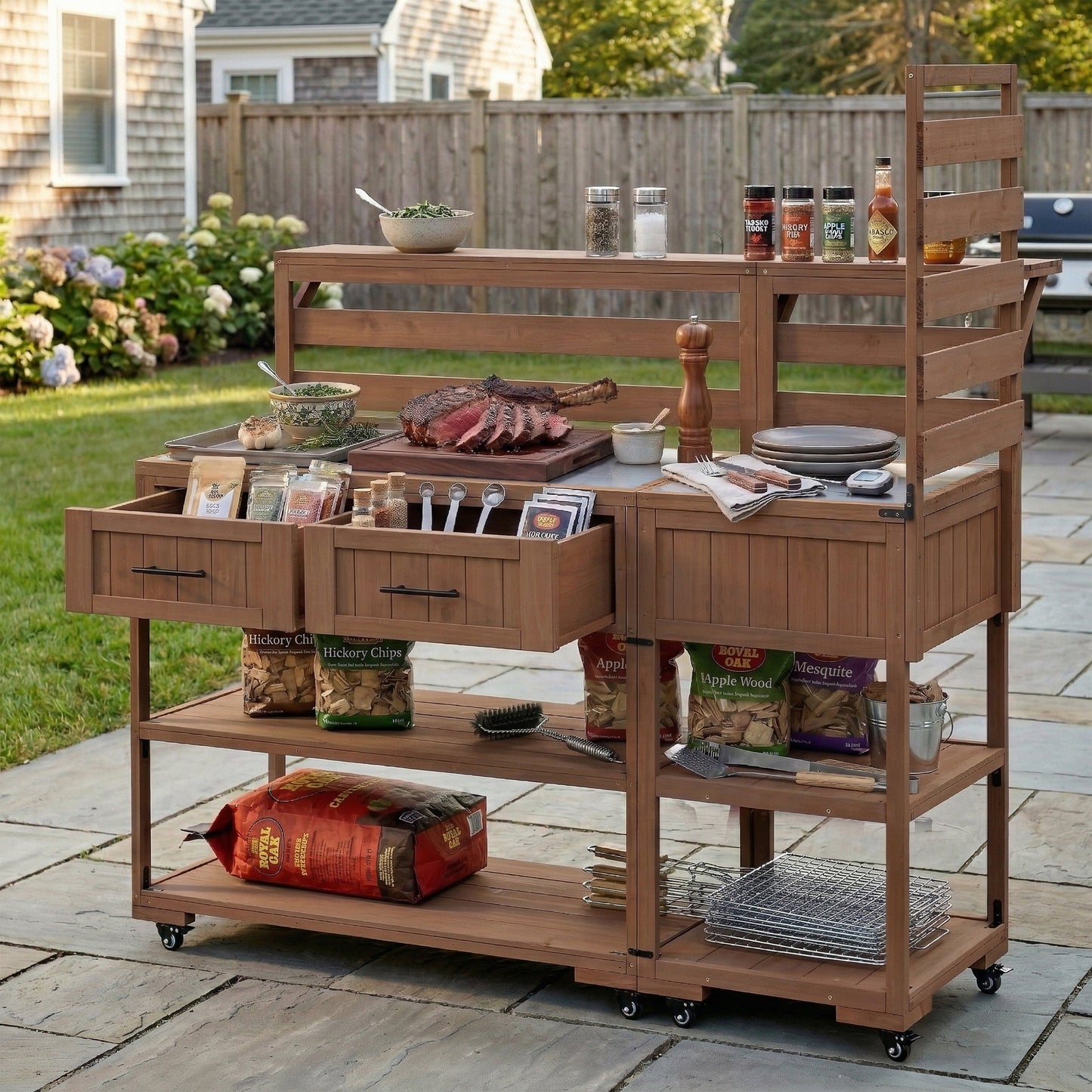 TOPMAX 62.3'' Patio Kitchen Island Solid Wood Kitchen Cart