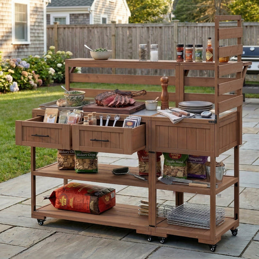 TOPMAX 62.3'' Patio Kitchen Island Solid Wood Kitchen Cart