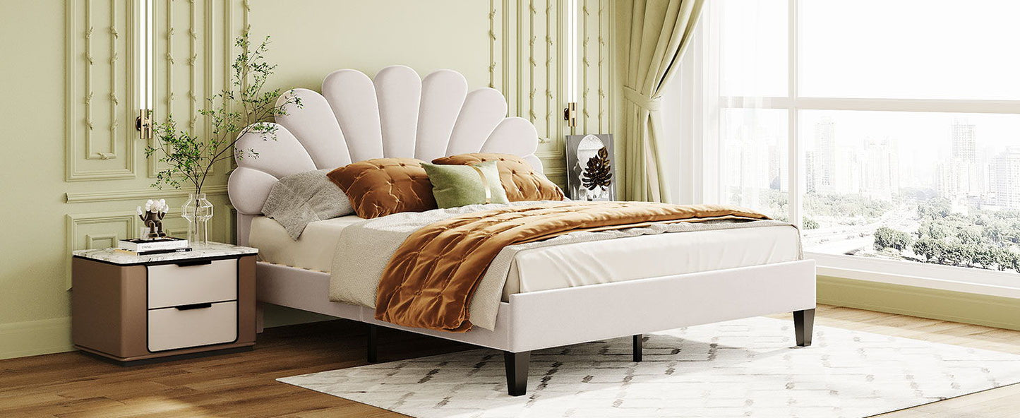 Upholstered Platform Bed With Flower Pattern Headboard
