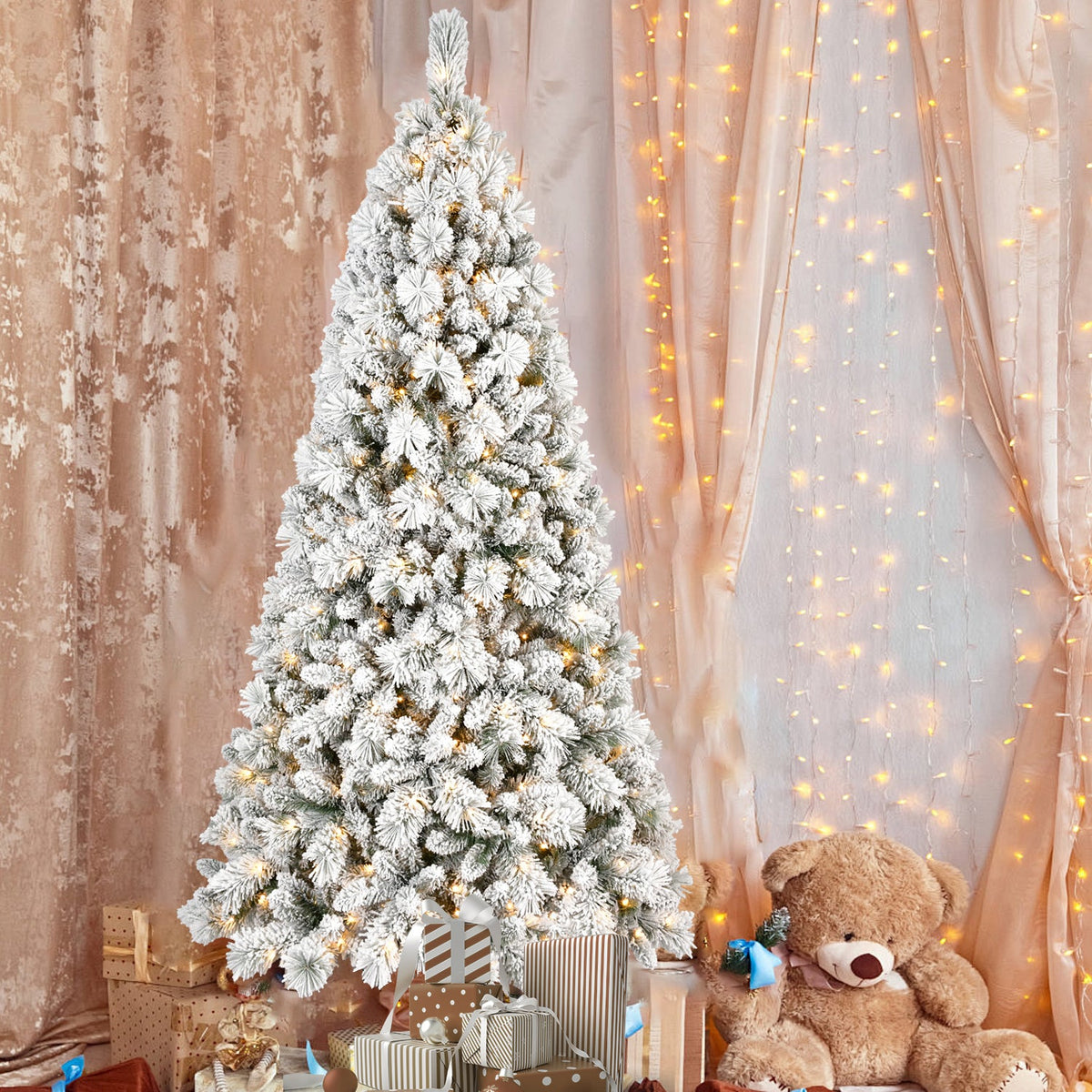 8FT Flocked Christmas Tree with 600 Warm Lights