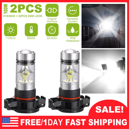 2PCS 1100LM 100W 5202 H16 LED Fog DRL Light Bulb IP68 Waterproof 20 2835 LEDs 360¡ Beam Angle 6000K White