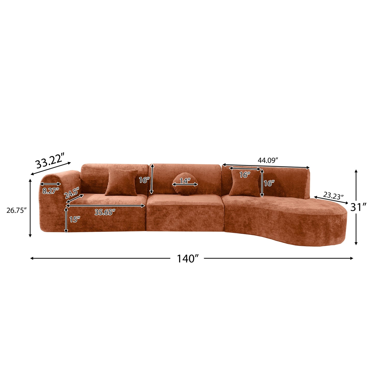 140" Modern Curved Sectional Sofa with Chaise Lounge