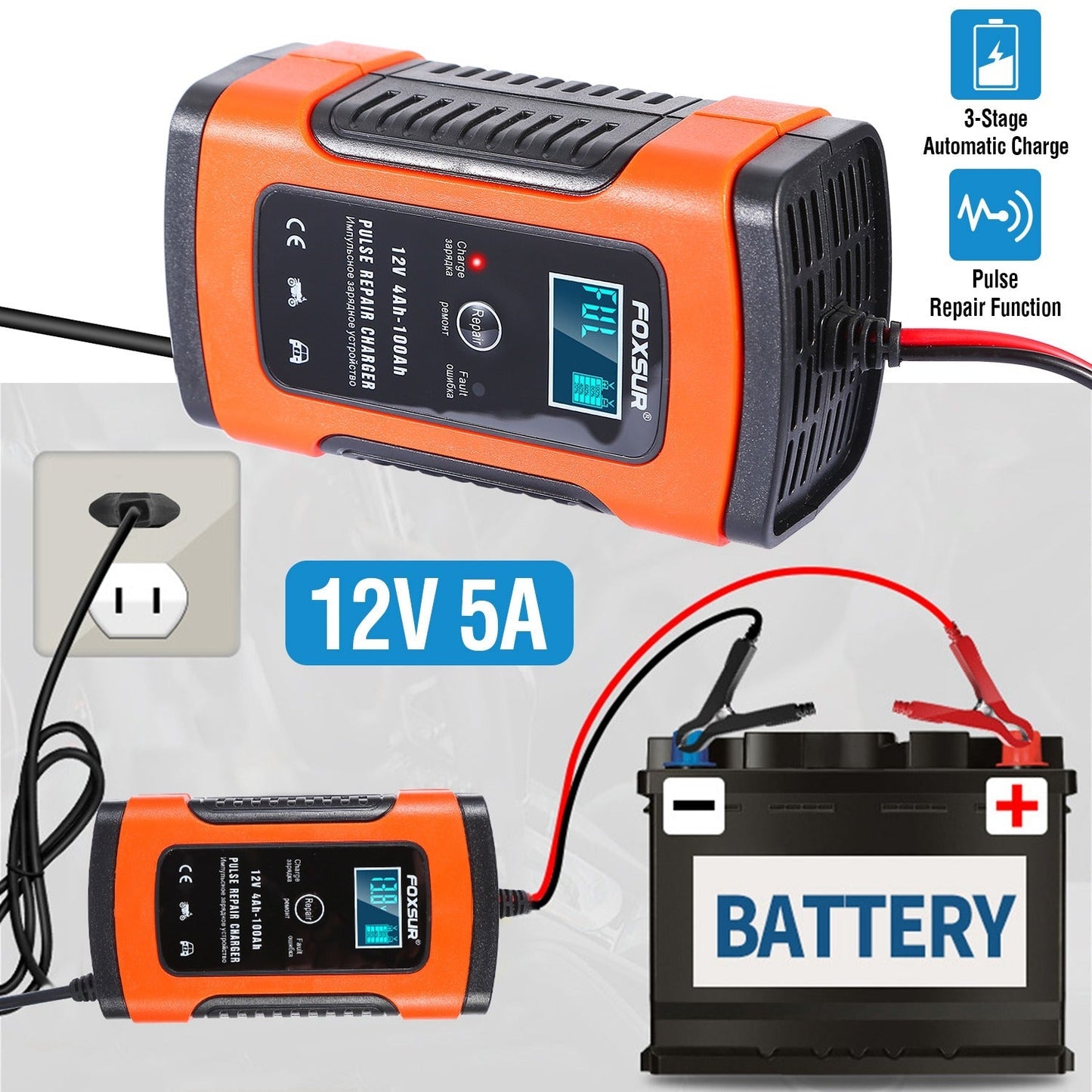Car Battery Charger 12V 5A LCD Intelligent Auto Motorcycle Boat ATV Recover Pulse Repair