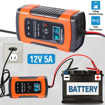 Car Battery Charger 12V 5A LCD Intelligent Auto Motorcycle Boat ATV Recover Pulse Repair