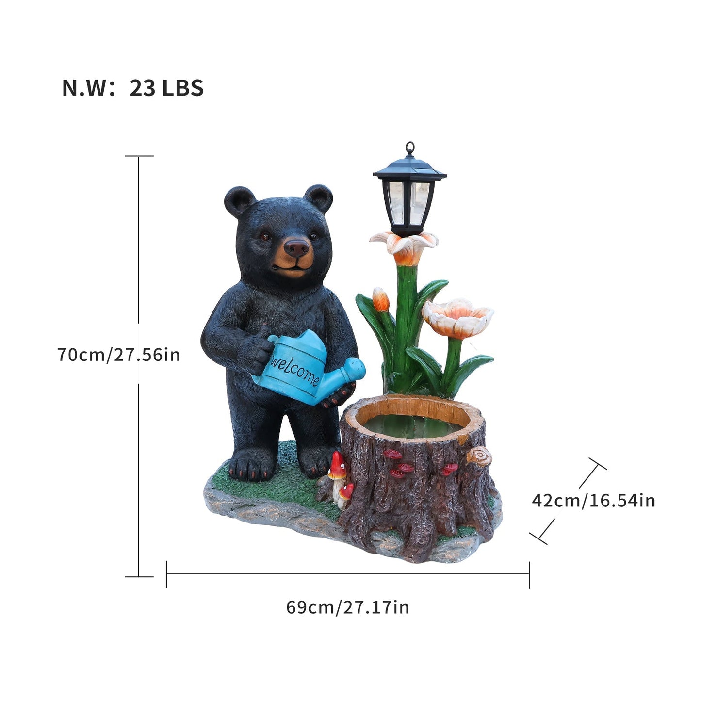 Standing Black Bear Garden Planter with Decorative Solar Lantern