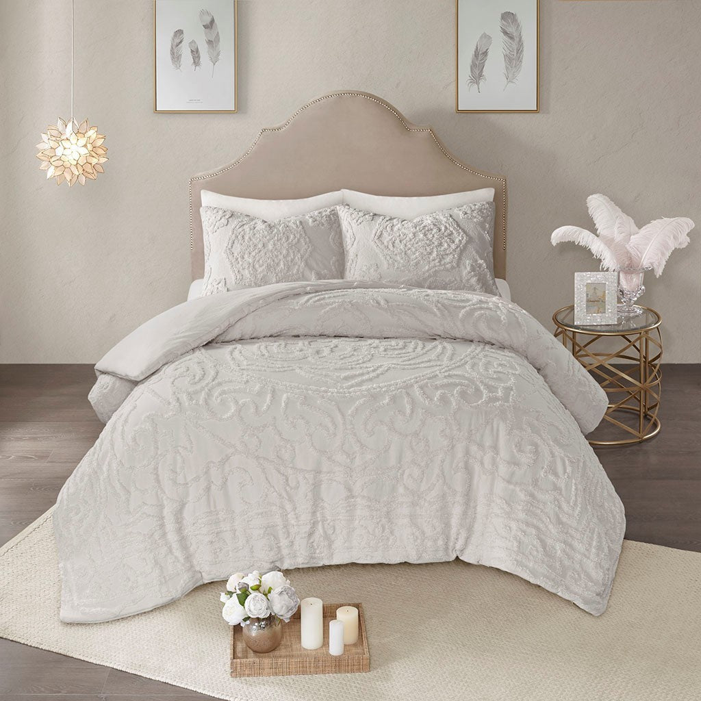 King/Cal King Tufted Cotton Chenille Medallion Duvet Cover Set