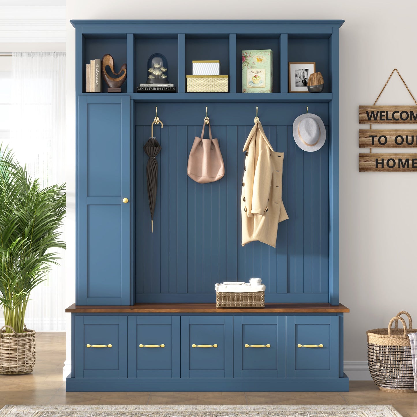 U-Can Entryway Hall Tree with Coat Hooks, Shoe Bench & Drawer Storage Cabinet