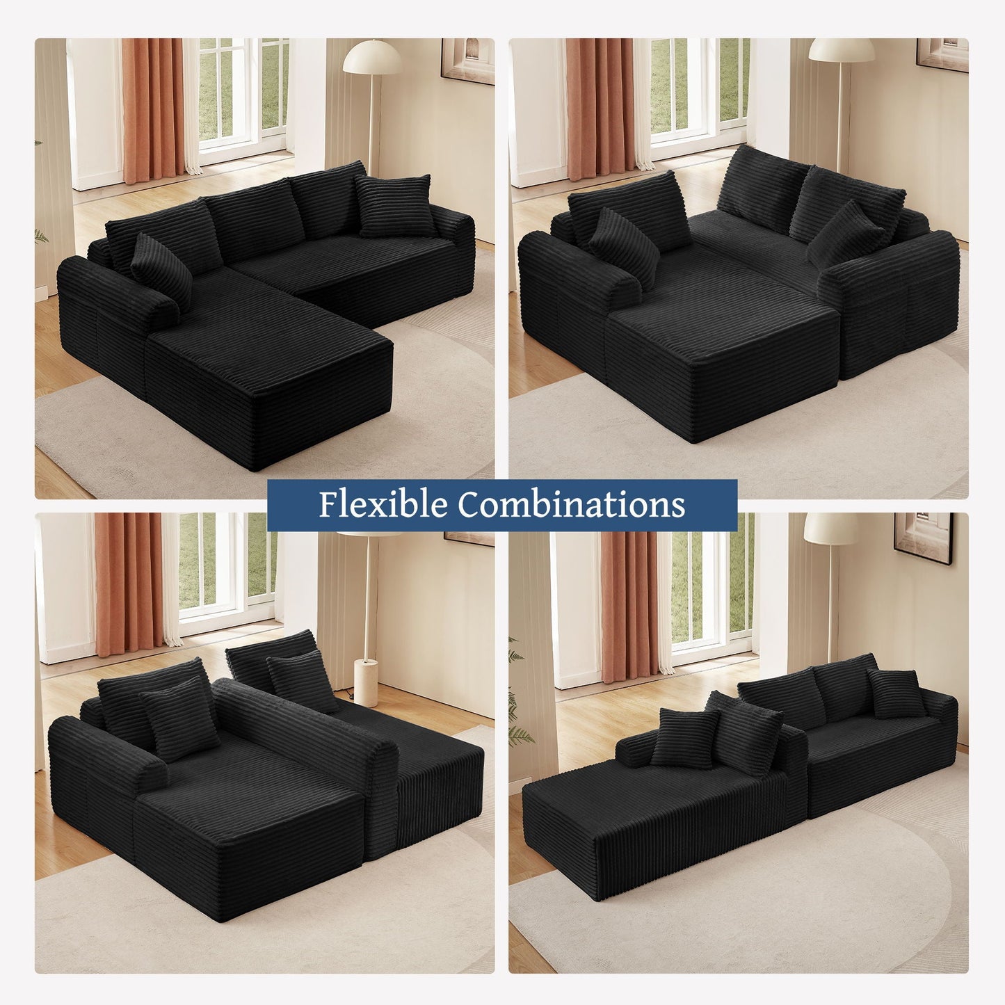 Modular Sectional With Arched Armrests, Includes 3 Back Cushions & 2 Throw Pillows