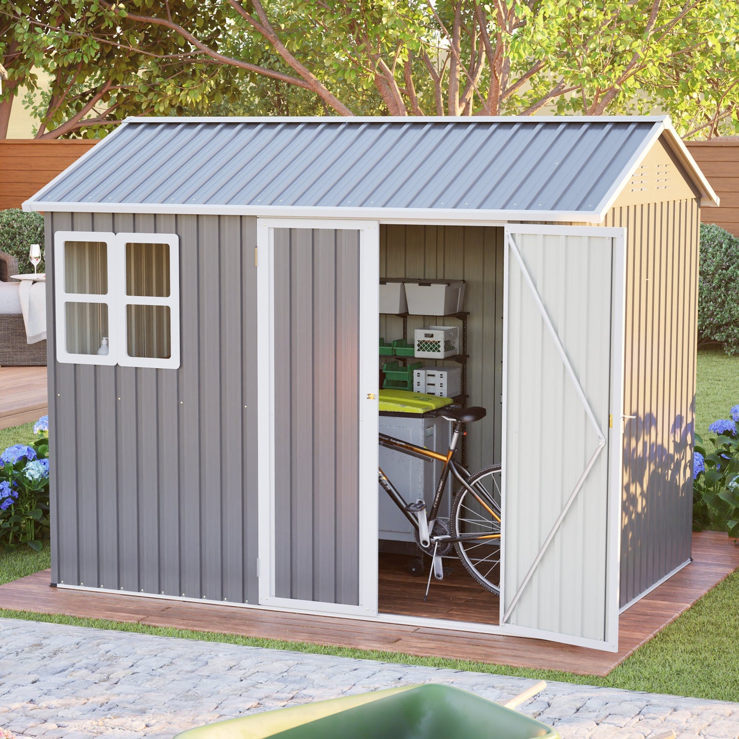 8'x6' Large Steel Storage Shed with Window, Lockable Doors & Sloped Roof