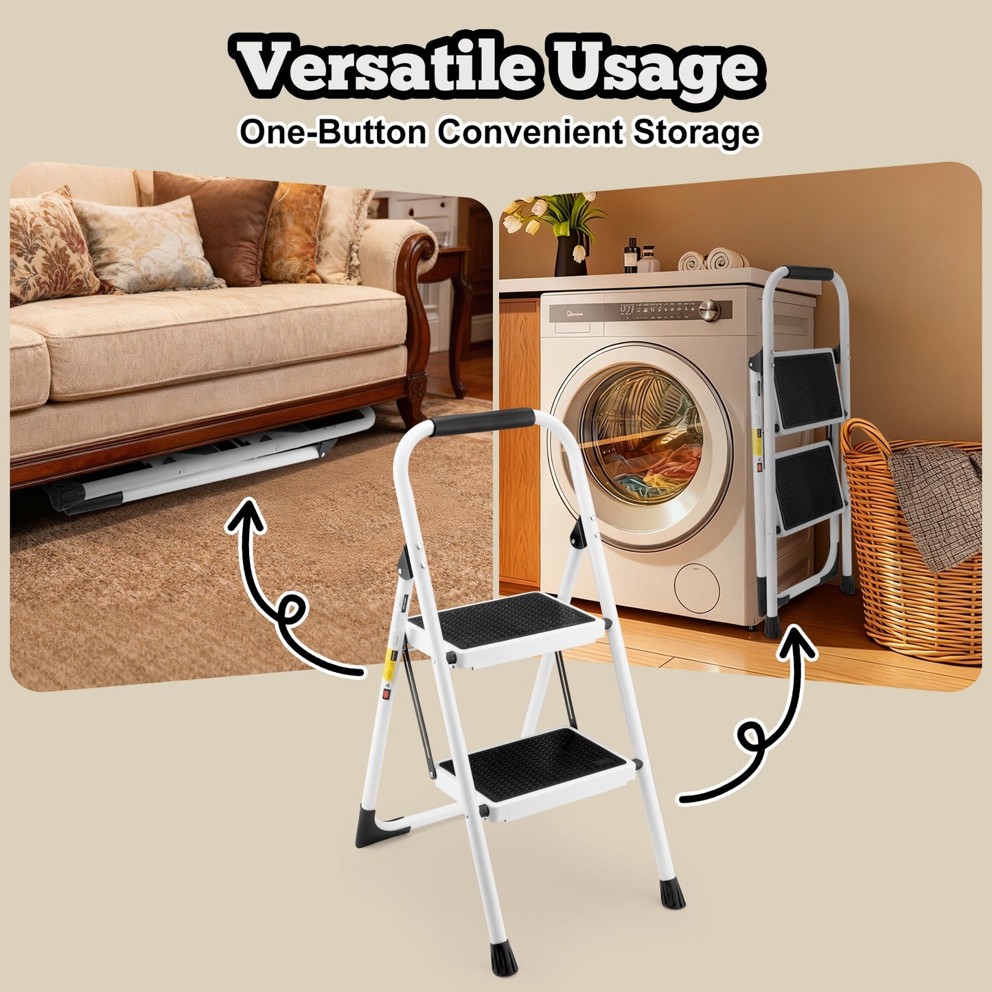 2 Step Ladder Folding Step Stool with Anti-Slip Wide Pedal