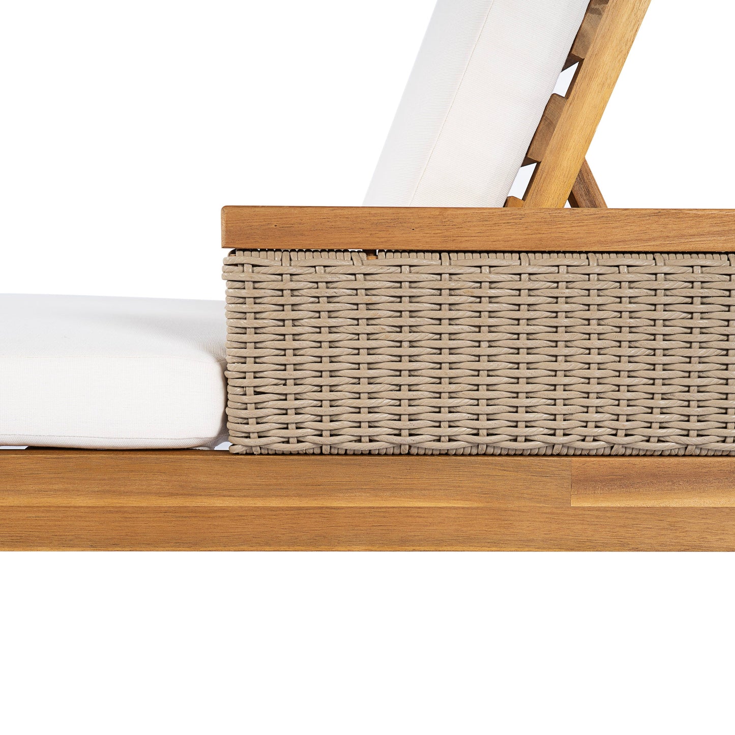 Solid Acacia Wood Sun Lounger with Beige Cushions and Light Grey Wicker