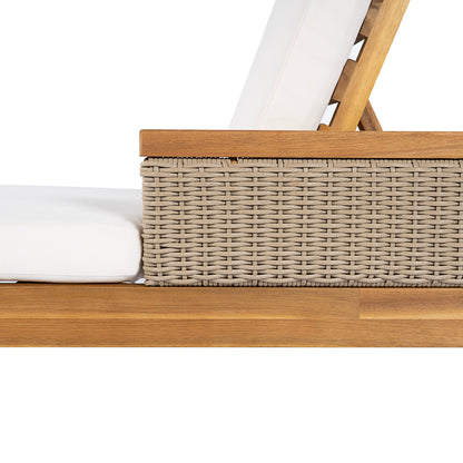 Solid Acacia Wood Sun Lounger with Beige Cushions and Light Grey Wicker