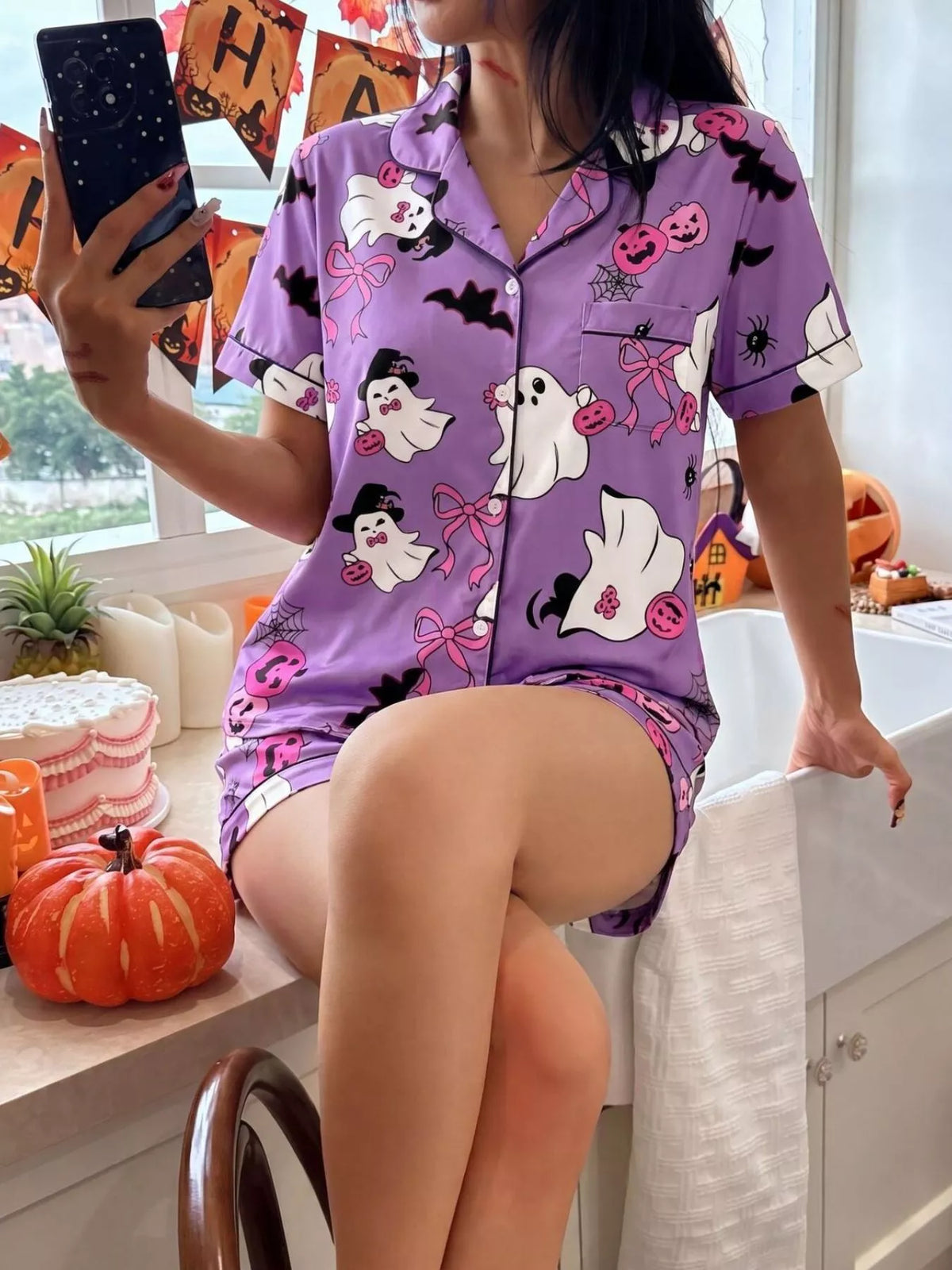 Halloween Ghost Print Button-Down Top and Shorts Lounge Set
