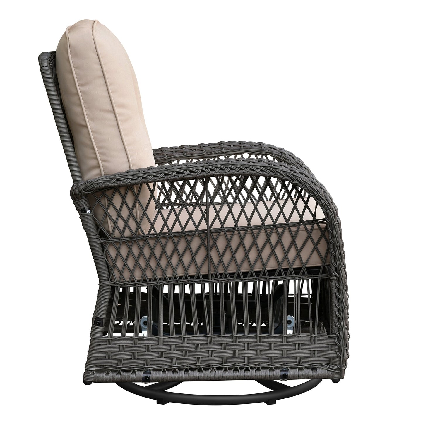 3 Pieces Conversation Set, Outdoor Wicker Rocker Swivel Patio Bistro Set, Rocking Chair with Glass Top Side Table, Grey