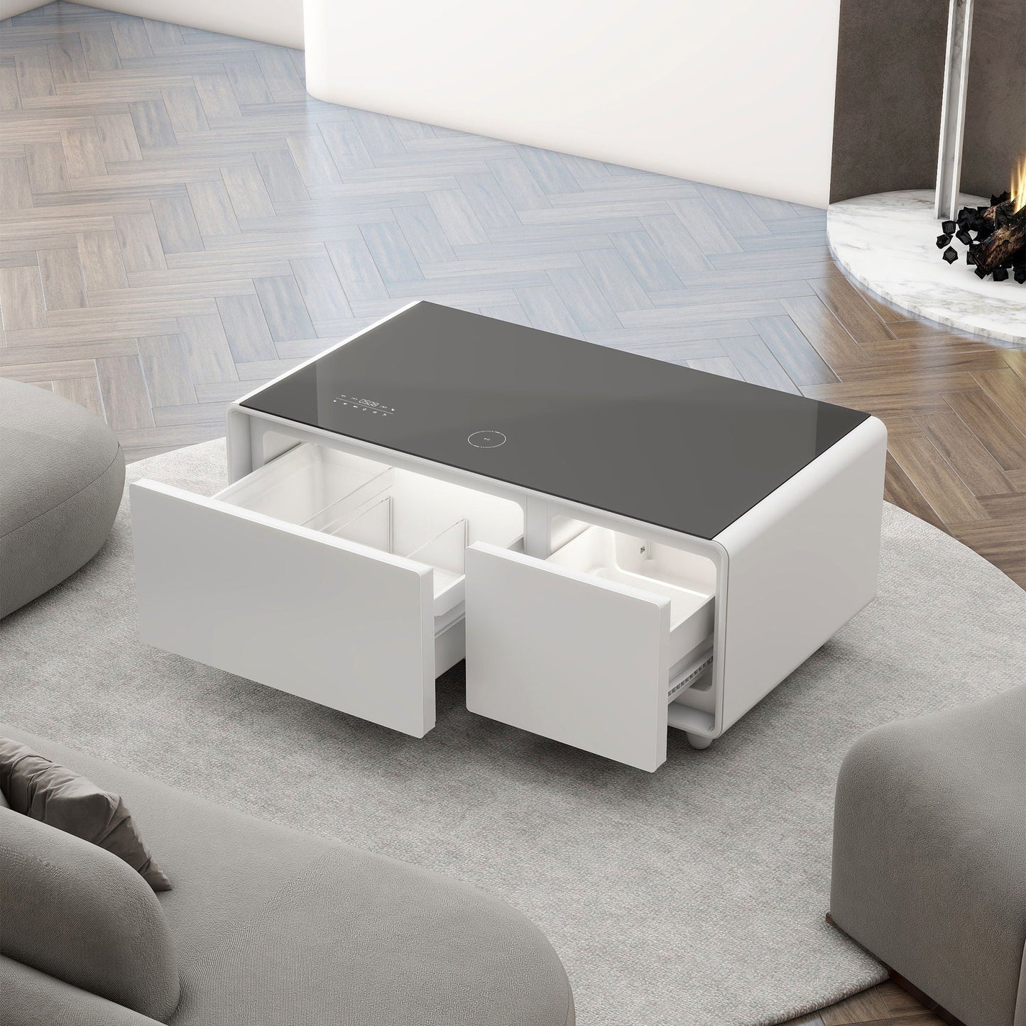 Modern Smart Coffee Table With Built-In Fridge - tooth Speaker, Wireless Charging, Touch Control Panel, USB Interface, Outlet Protection, Atmosphere Light