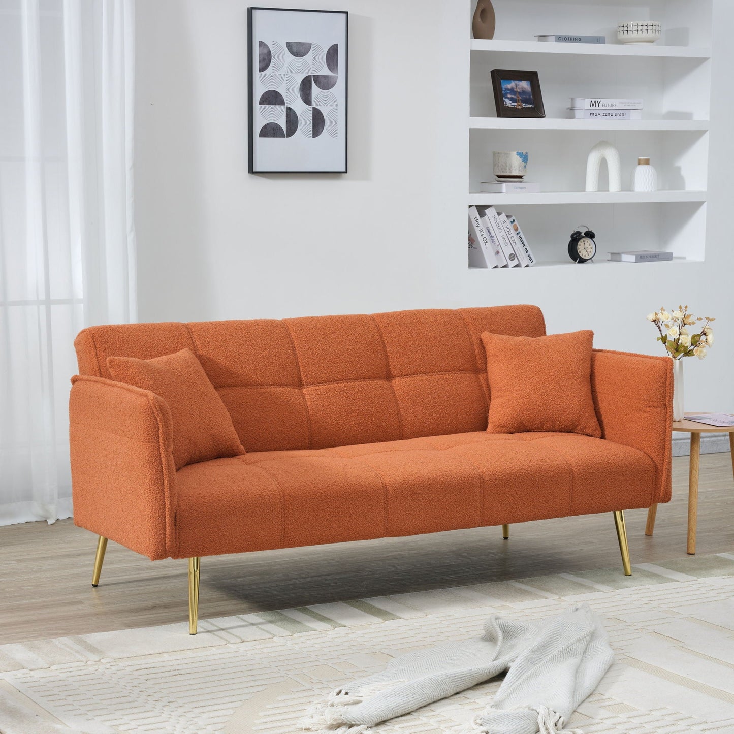 Convertible Double Futon Sofa Bed With Folding Armrests For Living Rooms