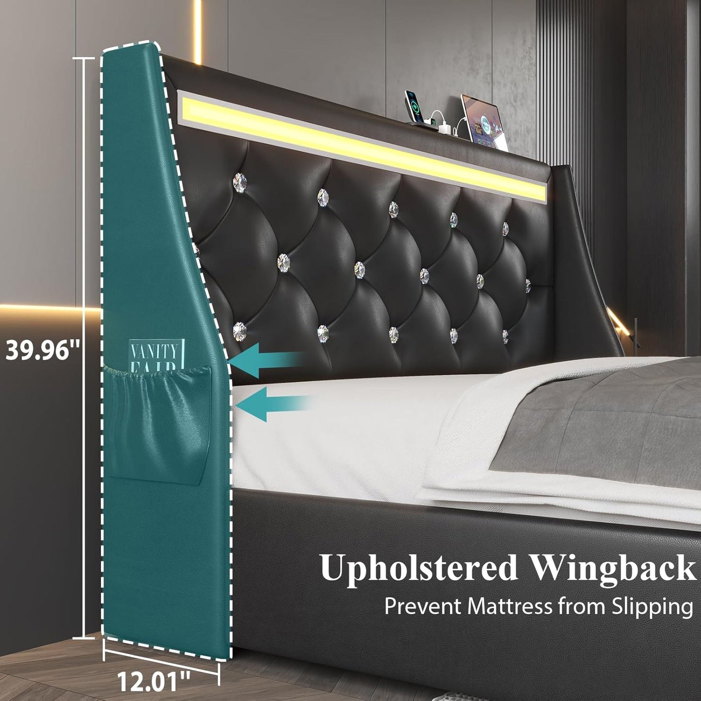 Wingback Upholstered Bed Frame With LED Lights, Charging Station