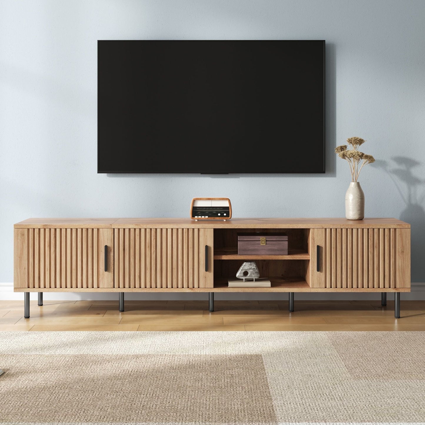 78" TV Stand For TVs Up To 85" With Closed Storage, Living Room Entertainment Center - Natural Wood