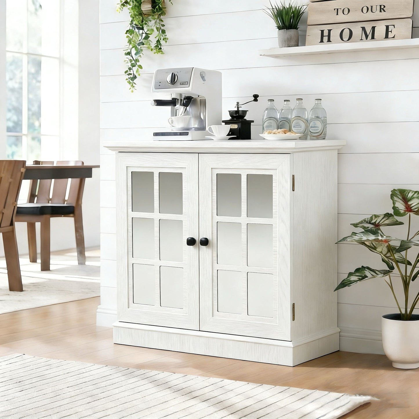 Sideboard Cabinet With Mirrored Doors, Adjustable Shelf, Metal Handles
