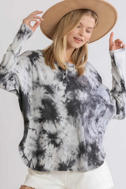 Umgee Full Size Tie Dye Round Neck Ribbed Button Front Top Plus Size