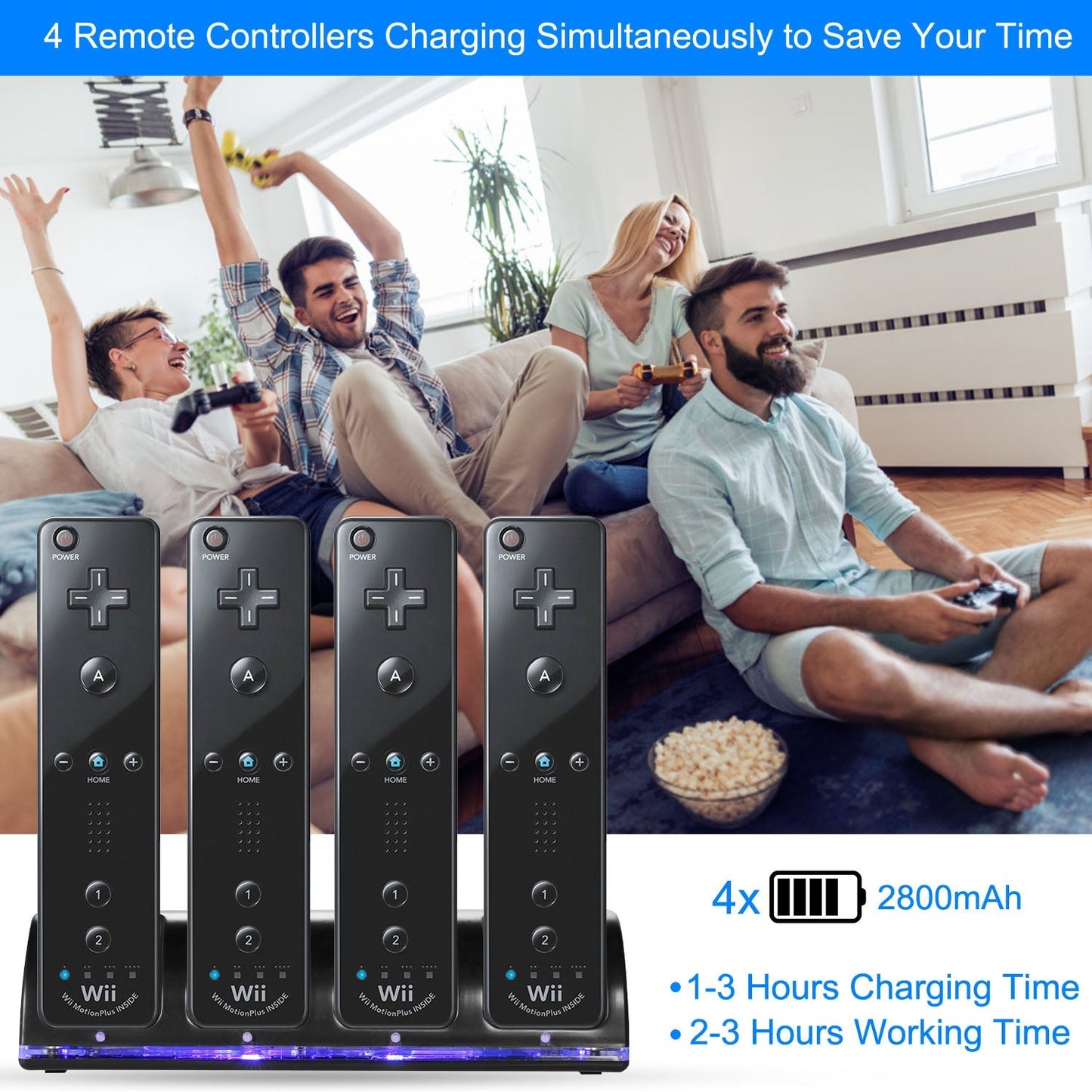 4 Remotes Charging Dock Game Controller Charger 2800mAh Rechargeable Battery Charging Stations w/ LED Indicator for Wii Nintendo